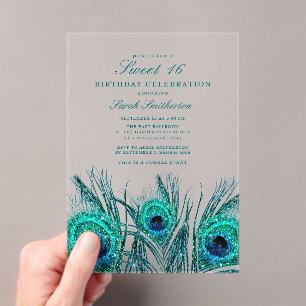 Invitaciones Acrílicas Plumas de pavo real azul turquesa brillantes Sweet