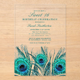 Invitaciones Acrílicas Plumas de pavo real azul turquesa brillantes Sweet