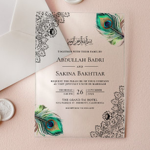 Invitaciones Acrílicas Plumas de pavo real vintage boda musulmana