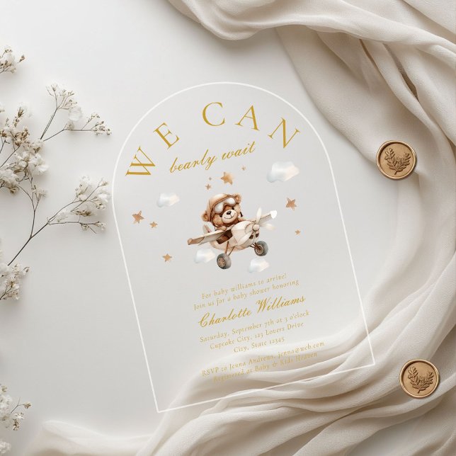 Invitaciones Acrílicas ¡Podemos Esperar! Oso y avión de Teddy (We Can Bearly Wait! Teddy Bear & Airplane Arch Baby Shower  Transparent Acrylic Invitations.)