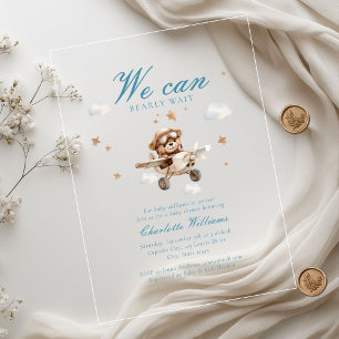 Invitaciones Acrílicas ¡Podemos Esperar! Oso y avión de Teddy
