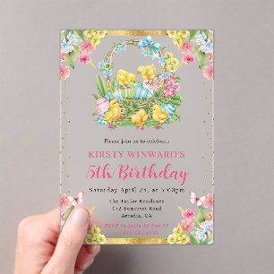 Invitaciones Acrílicas Pollitos y Huevos de Pascua Cumpleaños de primaver