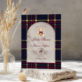 Invitaciones Acrílicas Polo Teddy Bear Vino Red plaid Arch Bebé ducha