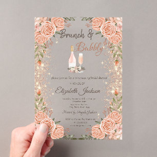 Invitaciones Acrílicas Polvo Brillante de Rosa Dorado Brunch Rosas Desped