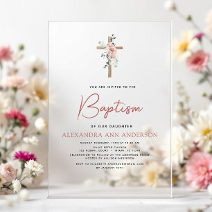 Invitaciones Acrílicas Polvo de Bautizo Rosa Rosa Verde Eucalipto