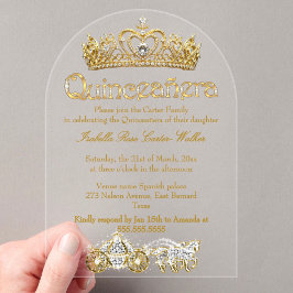 Invitaciones Acrílicas Porte de princesa de diamantes Quinceanera Gold Ti