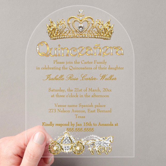 Invitaciones Acrílicas Porte de princesa de diamantes Quinceanera Gold Ti (Subido por el creador)