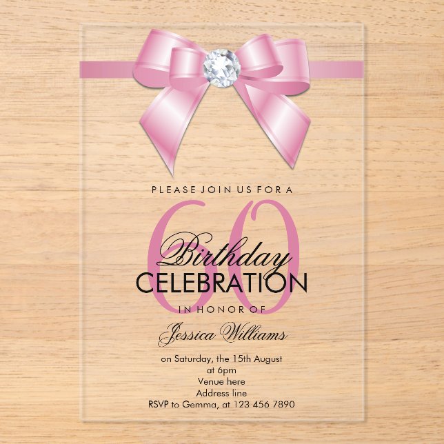 Invitaciones Acrílicas Posh Gem Bow & Ribbon 60 Cumpleaños (Anverso)
