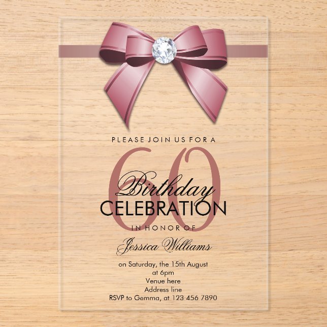 Invitaciones Acrílicas Posh Gem Bow & Ribbon 60 Cumpleaños (Anverso)