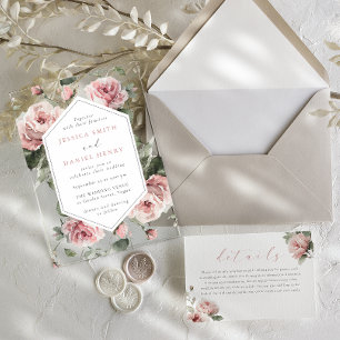 Invitaciones Acrílicas Preciosa boda floral de acuarela rosa rubor