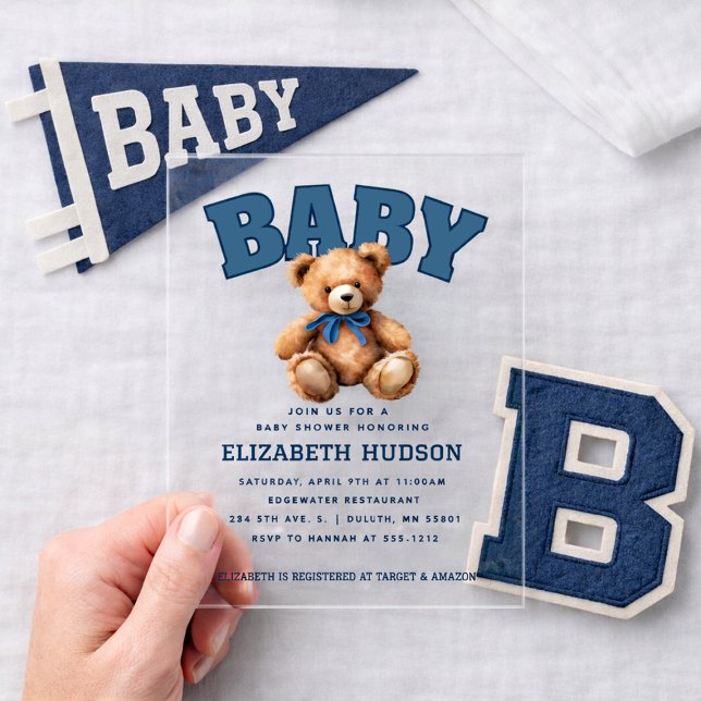 Invitaciones Acrílicas Preppy Varsity Teddy Bear Baby Shower Acrylic (Preppy Varsity Teddy Bear Baby Shower Acrylic Invitations)