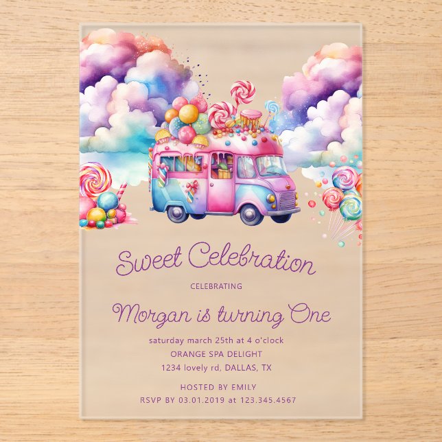 Invitaciones Acrílicas Presupuesto de cumpleaños de dulces niños de Candy (Anverso)