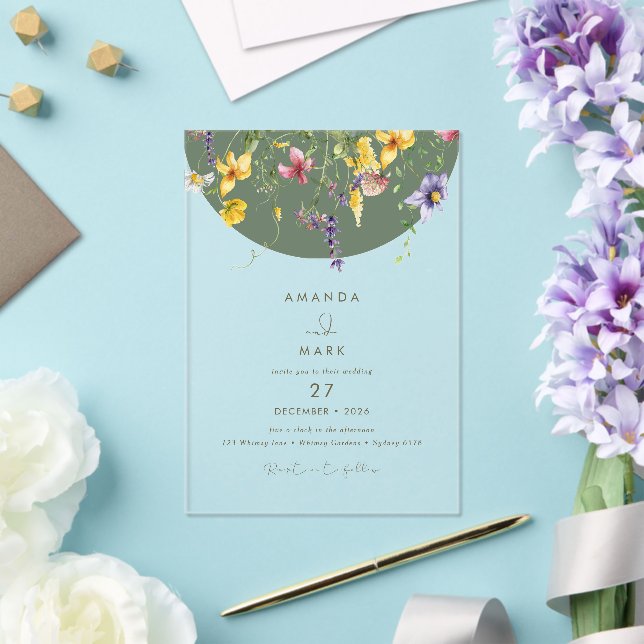 Invitaciones Acrílicas Primavera Caída Boho Flor silvestre Bloom Whimsica (Insitu (Boda))