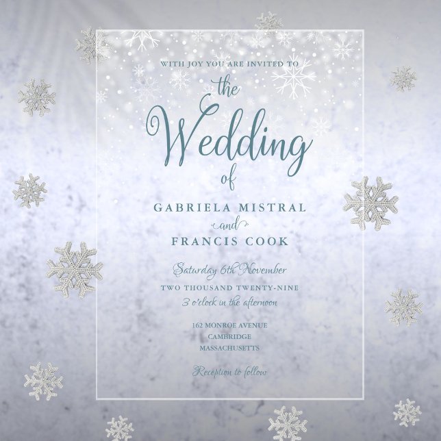 Invitaciones Acrílicas Primer Boda de guion elegante para copas de nieve  (First Winter Snowflakes Elegant Script Wedding Acrylic Invitations)