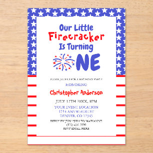 Invitaciones Acrílicas Primer cumpleaños de Little Firecracker