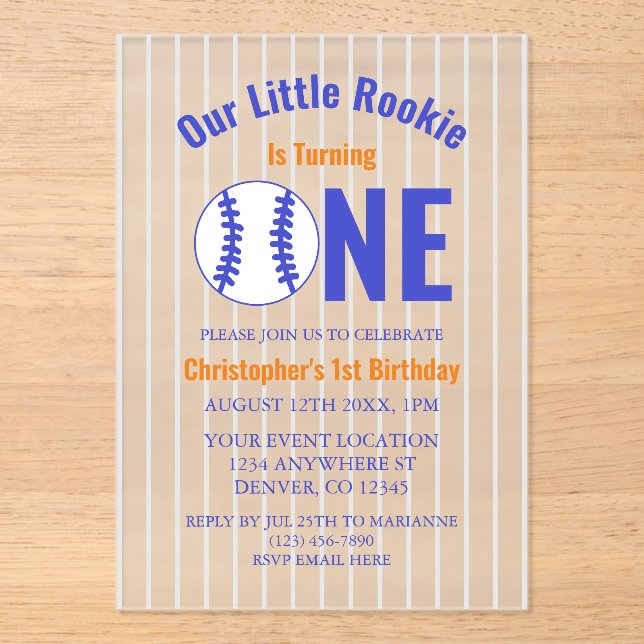 Invitaciones Acrílicas Primer cumpleaños de Rookie Baseball (Anverso)