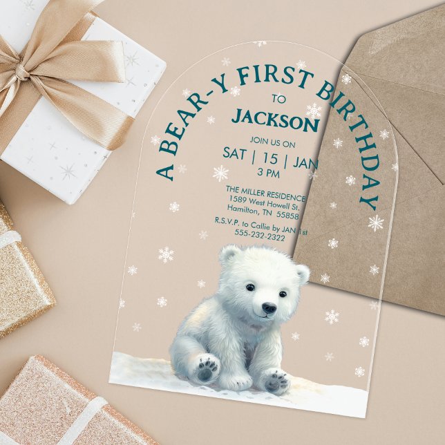 Invitaciones Acrílicas Primer cumpleaños del bebé del oso polar limpio (Clear Polar Bear Baby First Birthday Acrylic Invitations)