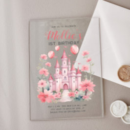Invitaciones Acrílicas Primer cumpleaños del Castillo de la Princesa Rosa