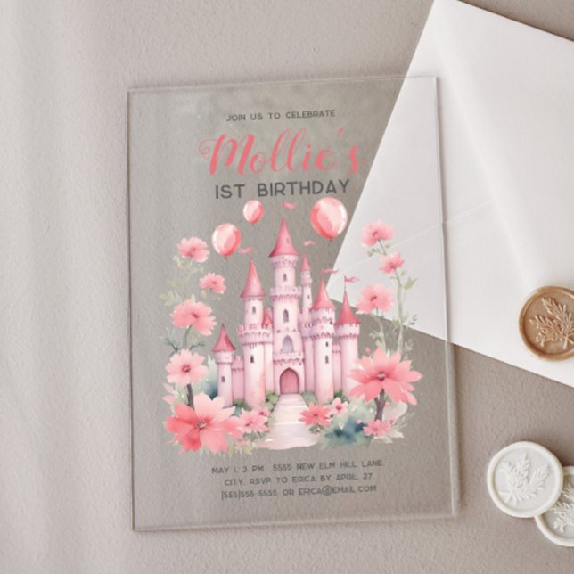 Invitaciones Acrílicas Primer cumpleaños del Castillo de la Princesa Rosa (Pink castle baby girl's 1st birthday princess birthday acrylic invitation)