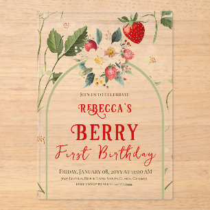 Invitaciones Acrílicas Primer cumpleaños del tema de la fresa roja rusa