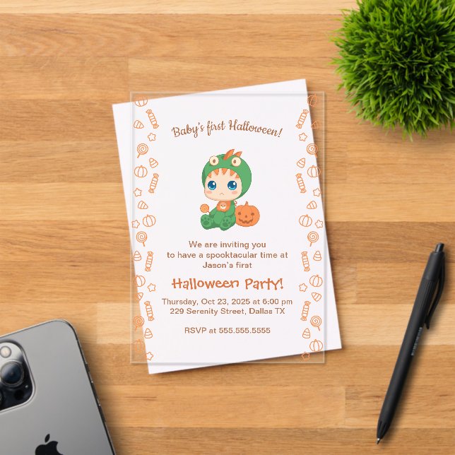Invitaciones Acrílicas Primer Fiesta de dinosaurios de bebé de Halloween (Insitu (Tarjeta de Invitación))