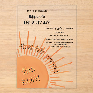 Invitaciones Acrílicas Primer viaje alrededor del Sol 1er cumpleaños