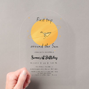 Invitaciones Acrílicas Primer viaje alrededor del sol Avión de papel Cump