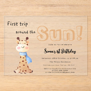 Invitaciones Acrílicas Primer Viaje Alrededor Del Sol Cumpleaños de Giraf