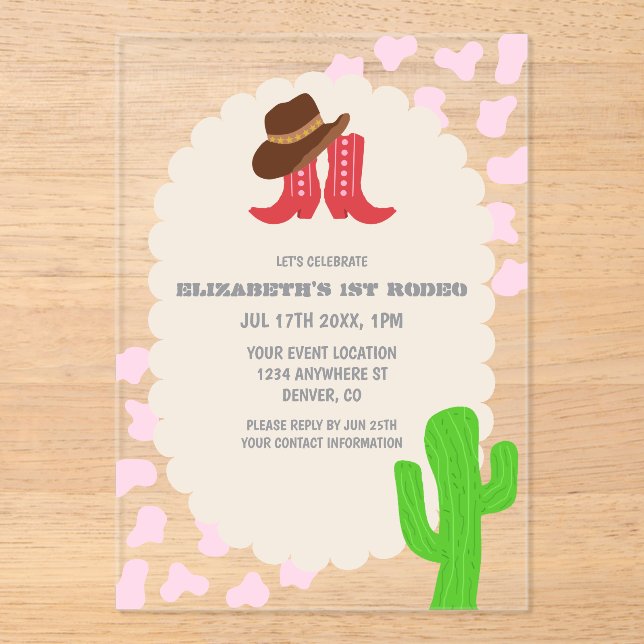 Invitaciones Acrílicas Primera chica rodeo cumpleaños 1 (Anverso)