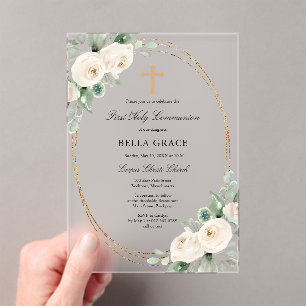 Invitaciones Acrílicas Primera Comunión Acrílico Escarchado Flor de Rosa 