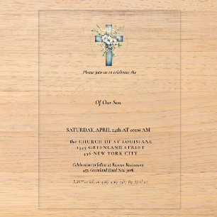 Invitaciones Acrílicas Primera comunión acuarela Cruz floral