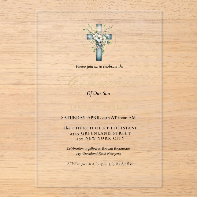 Invitaciones Acrílicas Primera comunión acuática de la comunión floral Cr (Anverso)