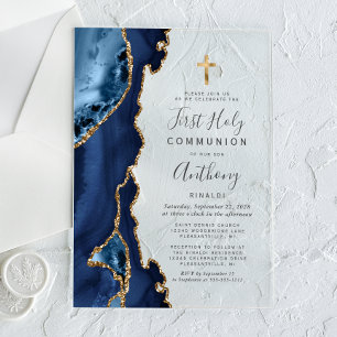 Invitaciones Acrílicas Primera Comunión Agata Geoda Azul Dorado Brillante
