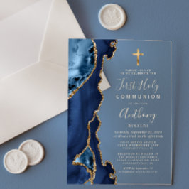 Invitaciones Acrílicas Primera Comunión Agata Geoda Azul Oro Texto