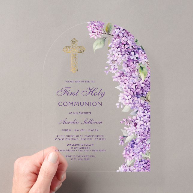 Invitaciones Acrílicas Primera Comunión Arco de Lila (Insitu (portátil))