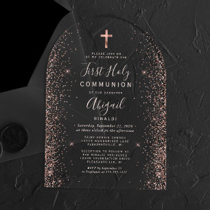 Invitaciones Acrílicas Primera Comunión Arco de Texto Rosa Dorado Brillan