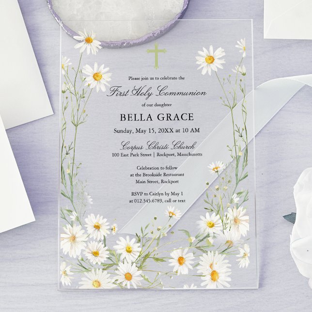 Invitaciones Acrílicas Primera comunión blanca floral de margarita (Subido por el creador)