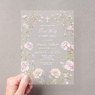 Invitaciones Acrílicas Primera Comunión Blush Marco Floral