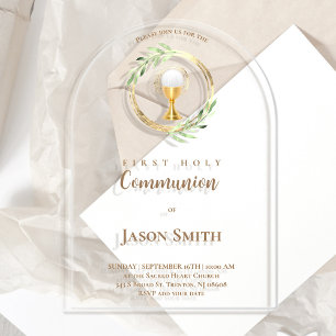 Invitaciones Acrílicas primera comunión católica círculo dorado hojas ver