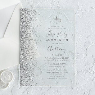 Invitaciones Acrílicas Primera Comunión con Borde de Brillo Plateado