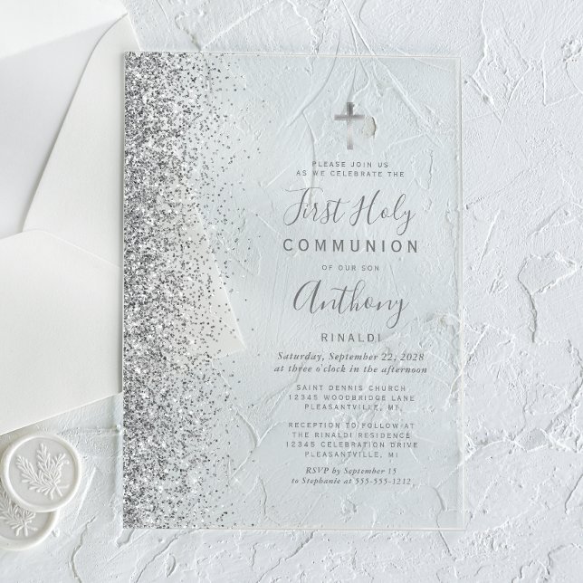Invitaciones Acrílicas Primera Comunión con Borde de Brillo Plateado (Subido por el creador)