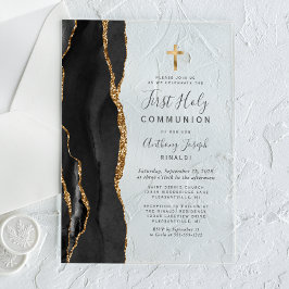 Invitaciones Acrílicas Primera Comunión con Glitter de Oro y Ágata Negra