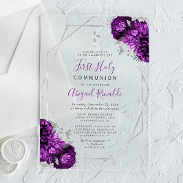 Invitaciones Acrílicas Primera Comunión con Marco de Plata y Floral Púrpu