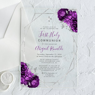 Invitaciones Acrílicas Primera Comunión con Marco de Plata y Floral Púrpu