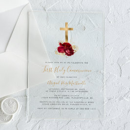 Invitaciones Acrílicas Primera Comunión Cruz de Oro Floral Roja