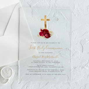 Invitaciones Acrílicas Primera Comunión Cruz de Oro Floral Roja