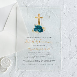 Invitaciones Acrílicas Primera Comunión Cruz de Oro Floral Turquesa