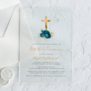 Invitaciones Acrílicas Primera Comunión Cruz de Oro Floral Turquesa