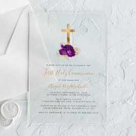 Invitaciones Acrílicas Primera Comunión Cruz Dorada Floral Púrpura