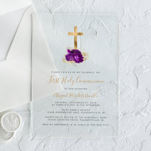 Invitaciones Acrílicas Primera Comunión Cruz Dorada Floral Púrpura